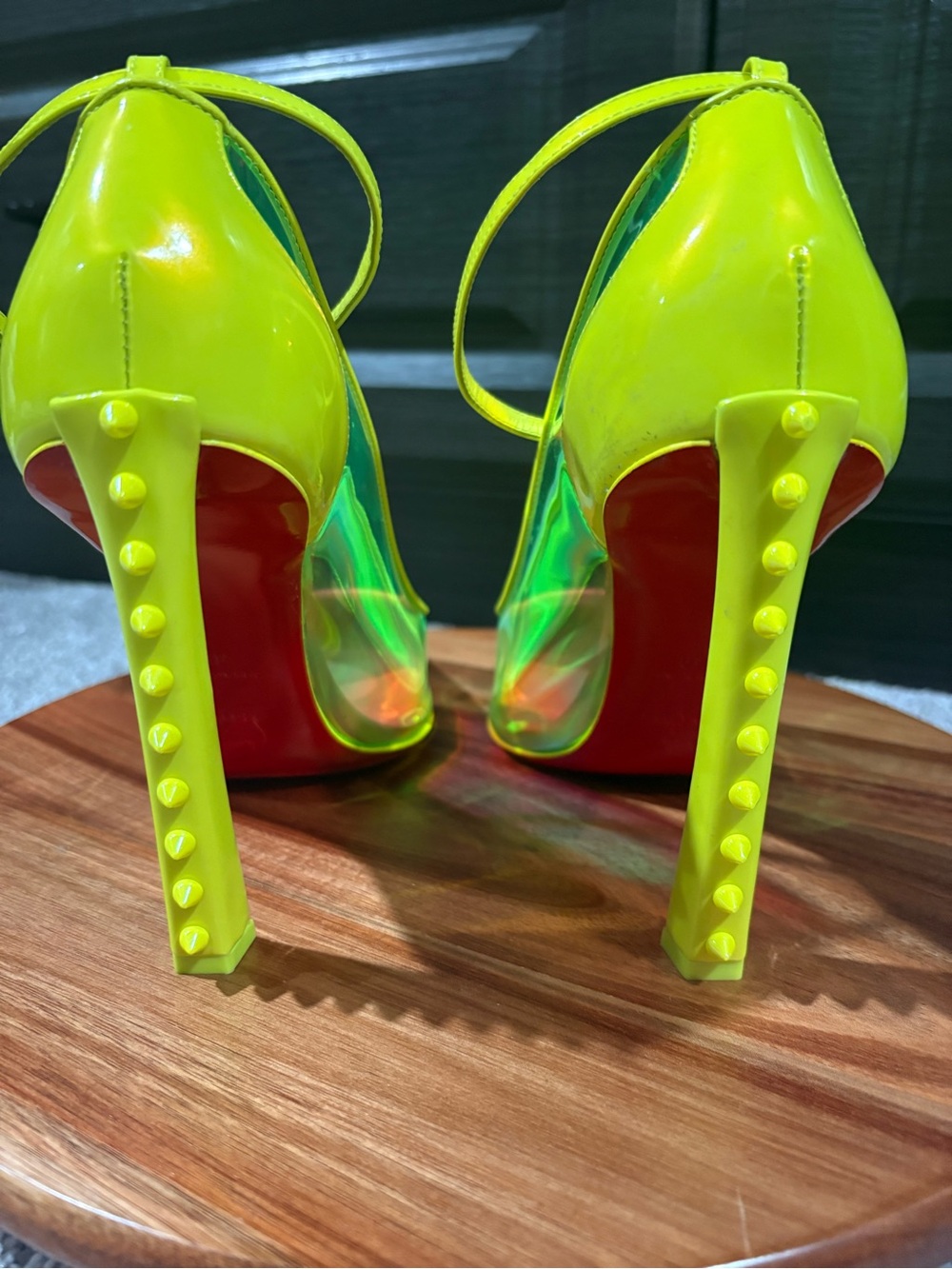 Christian Louboutin Neon Yellow Iridescent Pointed-Toe Ankle-Strap Heels - Picture 3 of 14